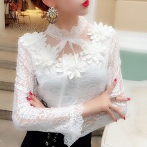 마이네임이즈 파운더스 블라우스 봄 가을 여성 긴 소매 스위트 플로랄 할로우 레이스 셔츠 보우 메쉬 숏 바텀 탑스 AB1138