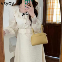 vsyoy 이른 봄과 가을 새로운 절묘한 바람 요정 복고풍 한국 드레스 가을 레이스 메쉬 쉬폰 긴 소매 드레스 틈새