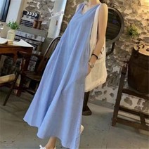 파란색과 흰색 세로 줄무늬 민소매 드레스 여성 여름 원피스 v-넥 플러스 사이즈 긴 모시와 발목 조끼 스커트