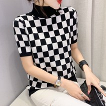 스타일아유 여성 깅엄 체크 루즈핏 반폴라 반팔 니트 봄 가을 이너 티셔츠