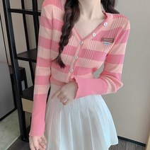 긴팔 니트가디건 프렌치 러블리 줄무늬 디자인감각 시크 브이넥 상의 이너티셔츠 여성 트렌드 3798224259
