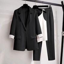 여성정장브랜드 트위드셋업 용 봄 가 얇은 7부 소매 재킷 흰색 멜빵 바지 쓰리 피스 어