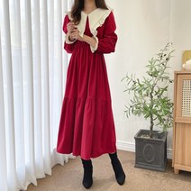 요시아나 [당일발송] 러블리 에니샤 프릴장식 빅카라넥 배색 플레어 원피스 -2컬러