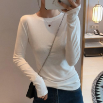 팡드리옷장 여성 봄 가을 긴팔 데일리 라운드 면 슬림 기본 무지 티셔츠