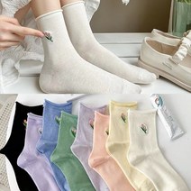 워더미 여성용 봄 튤립 자수 파스텔 중목 양말 8개세트 W563