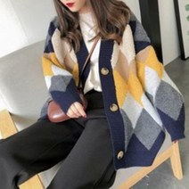 스토리원 여성 오버핏 아가일 엠보 니트 가디건 빅사이즈 RKWM-CA009