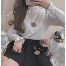 Kosahiki 가을 곰 자수 스웨터 패션 귀여운 프릴 터틀넥 풀오버 여성 bastic kintting 점퍼 일본 스타일