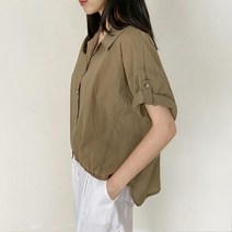 코지 여자 원더 넓은 카라넥 롤업소매 반팔 블라우스