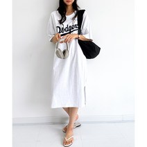 블레스유 여성 루즈핏 레터링 빅사이즈 라운드 반팔 롱 원피스 ~77사이즈