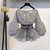 라오농 JUNSHANG 블라우스 봄 여성복 뉴 브이넥 허리스트링 리본 라바 소매 프릴 톱HJLsjk563