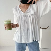 바보사랑 여자 V넥 프릴 셔링 반팔 루즈핏 무지 단색 블라우스.옷자락(무료배송)