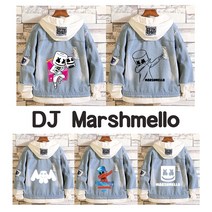DJ마쉬멜로우 DJ Marshmello 굿즈 캐릭터 후드자켓 레이어드 배색 오버핏 후드티 점퍼 청자켓 데님 자켓 블루/화이트