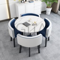 카페테이블 원형800 테이블 4인식탁세트 상담 낮은 식탁의자세트 네모 휴게실, 대리석 A타입 가죽 의자(화이트 블루 4개)