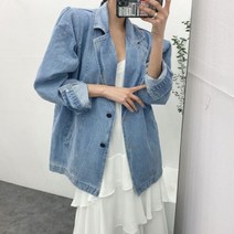 정장 데님 파워숄더 크롭 재킷 빈티지 스타일 루즈 컷팅 여자 여성 청 데님 자켓 간절기 가을 레이어드