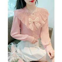 리본블라우스 왕리본블라우스 하객 봄 라인 리본 블라우스 프랑스 세련된 레이스 쉬폰 셔츠 여성 신식 외국 스타일 아름다운 작은 느슨하고 얇은 긴팔 탑
