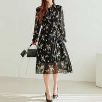 봄 플라워 롱원피스 쉬폰 플리츠 여성 블랙 플레어 A라인 데일리 하객룩 HE045