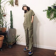 [바보사랑] 슬림 코튼면 반버튼 카라 점프수트