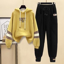 패션 데일리 여성복세트 가을 겨울 후드 맨투맨+스판 배딩 와이드 팬츠 배색 프린트 디자인 캐주얼 상하복세트