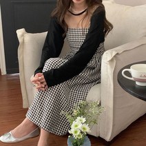 투피스 세트 가디건 끈조절 체크 나시원피스 여친룩