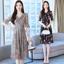 데일리룩 중년 엄마 플라워 원피스 여 봄여름 복부 커버 올해 유행 따뜻한 감령 스커트 간단 여성스러운