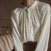 여성 진주 버튼 헨리넥 새틴 블라우스