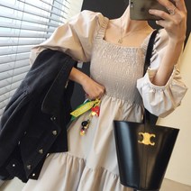 엘리제 스모크 오프숄더 스퀘어넥 퍼프 A라인 캉캉 롱 봄 원피스 (3color)