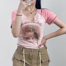 하이틴 빈티지 캣 레터링 브이넥 크롭티