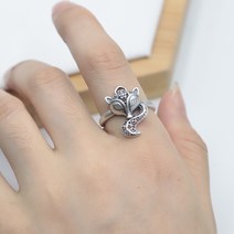 Sunsdew 새로운 S990 발 실버 복숭아 여우 반지 레트로 중공 공예 여성 오픈 먹는 링 링 1L