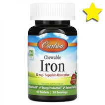 Carlson 츄어블 철분제 철분 아이언 Iron 딸기 30 mg 60 정, 120카운트 강철체력