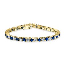 블루 화이트 교대 시뮬레이트 사파이어 라운드 큐빅 지르코니아 12.00 CT 4 프롱 바구니 세트 솔리테어 AAAA CZ 테니스 팔찌 여성용 웨딩 신부 14K 골드 도금 7.5 인치