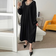 유야 여성용 빅사이즈 배색 브이넥 플리츠 긴팔 롱 원피스 임부복 잠옷 홈웨어 등원룩 데일리 캐주얼 OP0171루즈핏 오버핏 여성의류 봄 가을