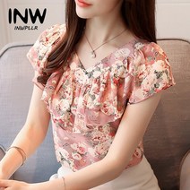 패션 여름 블라우스 여성 셔츠 플러스 사이즈 플로랄 탑스 숙녀 반팔 쉬폰 러플 Mujer