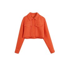 여성 트위드 자켓 숏 tweed jacket 빈티지 프린트 짧은 오렌지 코트 여성 더블 포켓 패치 모직 탑스 403