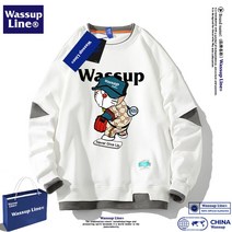 남성 프린팅 캐릭터 긴팔 티셔츠 WASSUP 라인 트렌디 브랜드 스웨트 퓨어 코튼 페이크