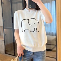 스타일아유 여성 봄 여름 아이스 귀여운 코끼리 기본 루즈핏 라운드넥 니트 반팔 니트티 데일리 티셔츠 캐주얼
