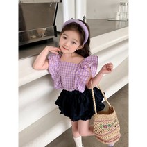 레드호호 여아여름상하복 보라체크민소매 프릴블라우스 치마바지 세트복
