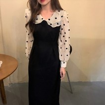 이자벨 우아한 배색 프릴 도트 땡땡이 쉬폰 롱 원피스