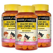 메이슨 내추럴 키즈 대구 간유 비타민 a c amp d - 면역력 향상 건강한 심장 및 뇌 기능 전반적인 건강 지원 오렌지 맛 100 츄어블 3 카운트