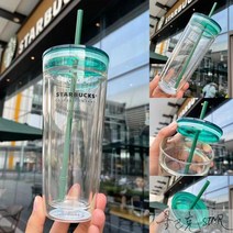 스타벅스 텀블러 컵 정통 591ml 클래식 유산 유리 빨대 대용량 투명 이중층 뚜껑 포함, 20oz 클래식 유리 빨대 컵