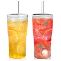 CAYOREPO 뚜껑과 빨대가 있는 591.5ml(20온스) 유리 컵 2팩 커피 텀블러 텀블러 물병 두꺼운 벽 머그 아이스 티 (투명 (591.5ml(20온스) 2개)) 57, Clear (2Pcs 18oz)