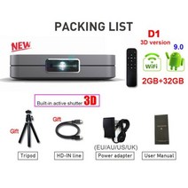 4k빔프로젝터 블루투스빔프로젝터 단초점빔프로젝터 WZATCO-D1 미니 빔프로젝터 300 인치 스크린 홈 시네마 DLP 3D 영사기 풀 HD 1920x1080P 32GB 안드로이드, D1 3D Silver 9
