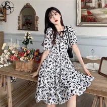 YST 여성 원피스 여름 원피스 프렌치 빈티지 화이트 플라워 원피스