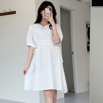 디작소 여성 페든 린넨 스트랩 퍼프 반팔 미니 원피스