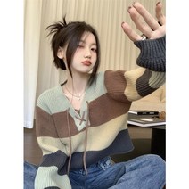 HXT 여성 크롭 니트 티셔츠 브이넥 단가라 배색 풀오버 가을겨울 긴팔 상의