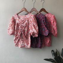 패스타임 여름 여성 퍼프 볼륨 반팔 셔링 스트링 크롭 스퀘어 플라워 꽃 반팔 블라우스
