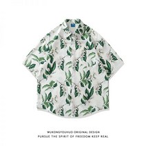 여름 패션 브랜드 풀프린트 반팔 플라워 셔츠 남 스트리트 루즈 커플 하와이안룩 코디