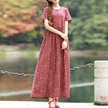 에블 대박걸 잔잔한 꽃무늬 복고 라운드 매듭 여밈 소매 반팔 플레어 셔링 롱 이지웨어 원피스