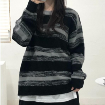 카라샵 배색 스트라이프 루즈핏 남녀공용 라운드 니트 2color