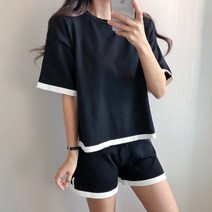요시아나 [당일발송] 리조트 배색 반팔 니트 숏팬츠 투피스