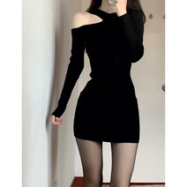 겨울 가을 순욕 홍매 힙랩 짧은 블랙 긴 소매 이너웨어 원피스 여성 오프숄더 어깨트임 소흑